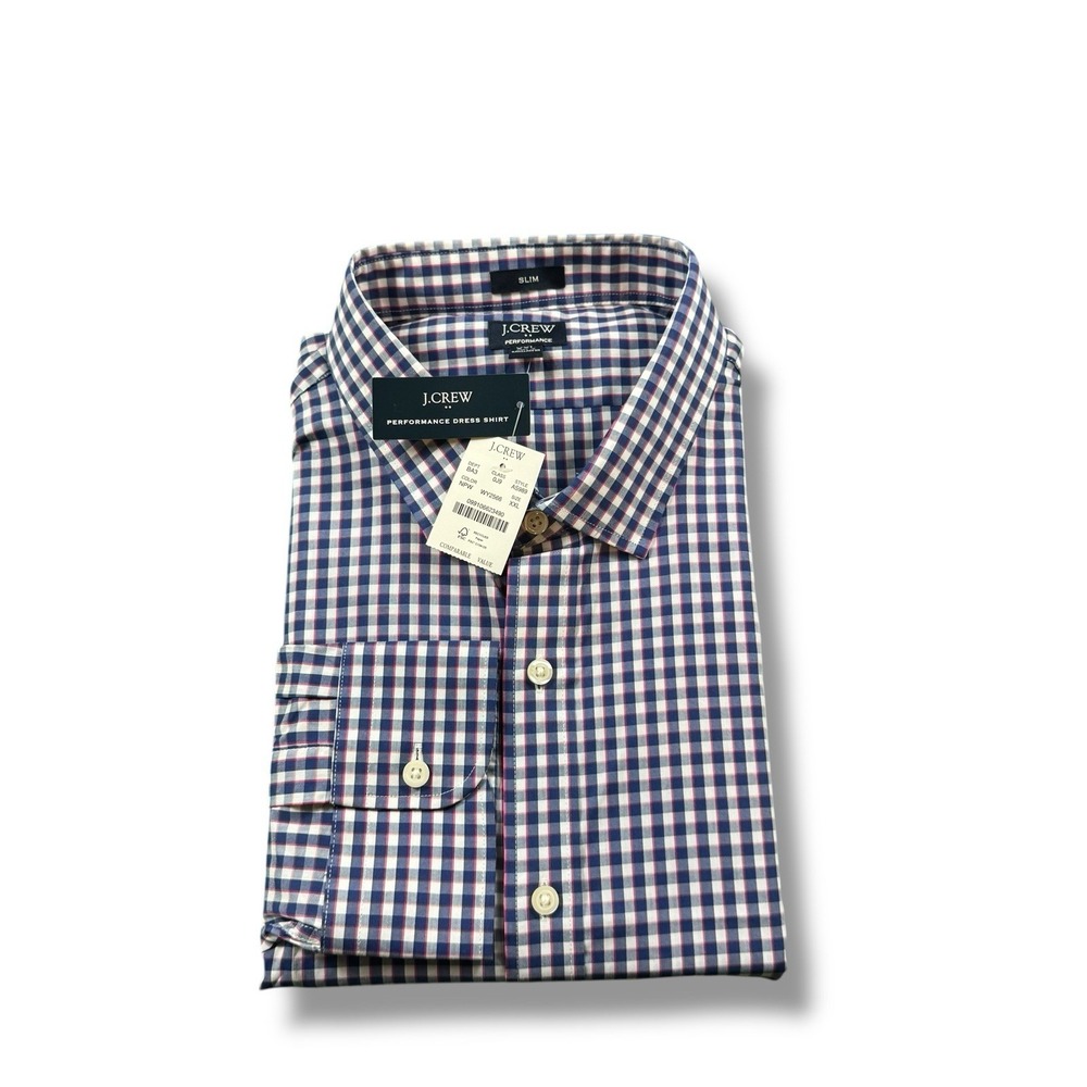 NWT J.Crew Slim Performance Dress Shirt Blue/White/Pink Checked Button Front 2XL